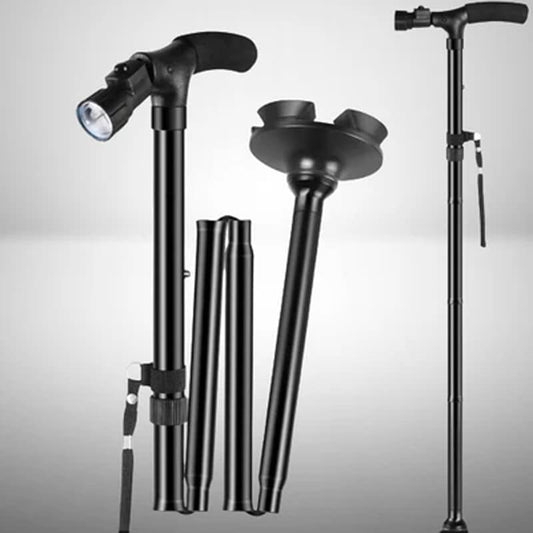 Folding LED walking stick with light